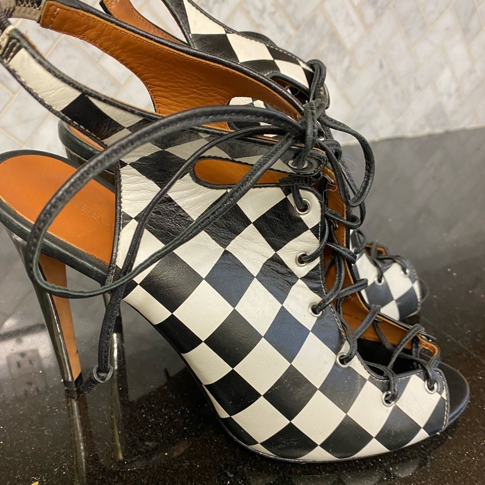 Rebecca minkoff leather Rio black white checkered heel oxfords lace up New - Picture 1 of 7